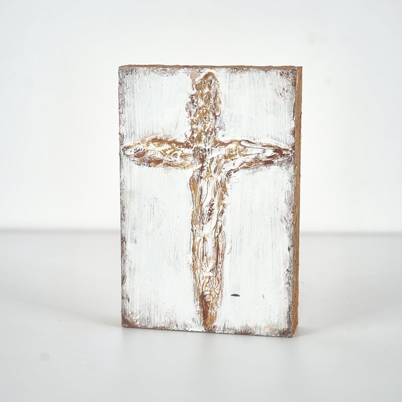 TradeCie Handpainted Wood Cross Block, White and Gold, 4x6 Inches
