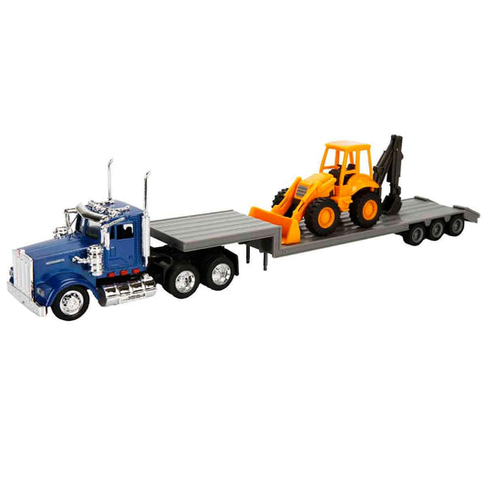 New Ray Toys 1:43 Trailer Kenworth W900 with Backhoe Loader 1/43 Scale Replica