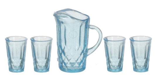 Aztec Imports Dollhouse Miniature Chrysnbon Blue Pitcher with 4 Glasses