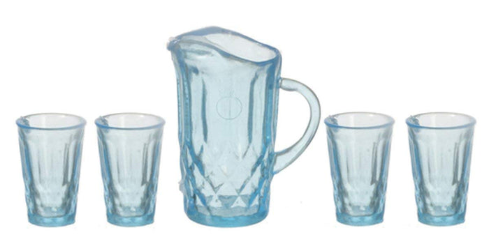 Aztec Imports Dollhouse Miniature Chrysnbon Blue Pitcher with 4 Glasses