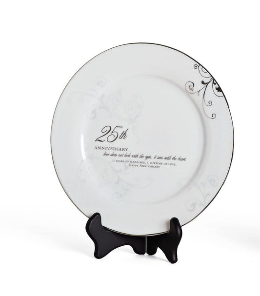 Roman 25th Wedding Anniversary Love Sees with the Heart Porcelain Plate with Stand
