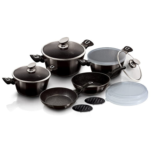 Berlinger Haus Kitchen Cookware Sets 13 Piece, Nonstick Cookware Set, Turbo Induction Based Pots and Pans Set with Plastic lids, Cooking Set with Soft-Touch Handles, Shiny Black