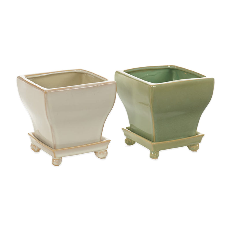 Napco Imports Set of 2 Reactive Glazed Ceramic Pot for Indoor Plants Planter with Footed Saucer, 4.75 x 4.75, White and Green