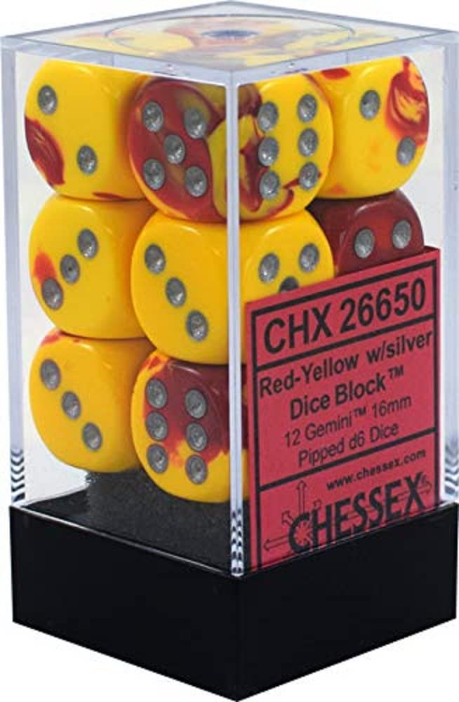 DND Dice Set-Chessex D&D Dice-16mm Gemini Red, Yellow, and Silver Plastic Polyhedral Dice Set-Dungeons and Dragons Dice Includes 12 Dice – D6