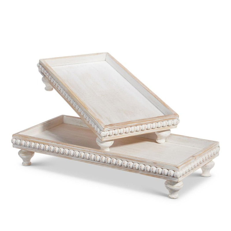 Raz Imports 2024 Green Meadows 20.25" Distressed White Beaded Footed Trays, Set of 2