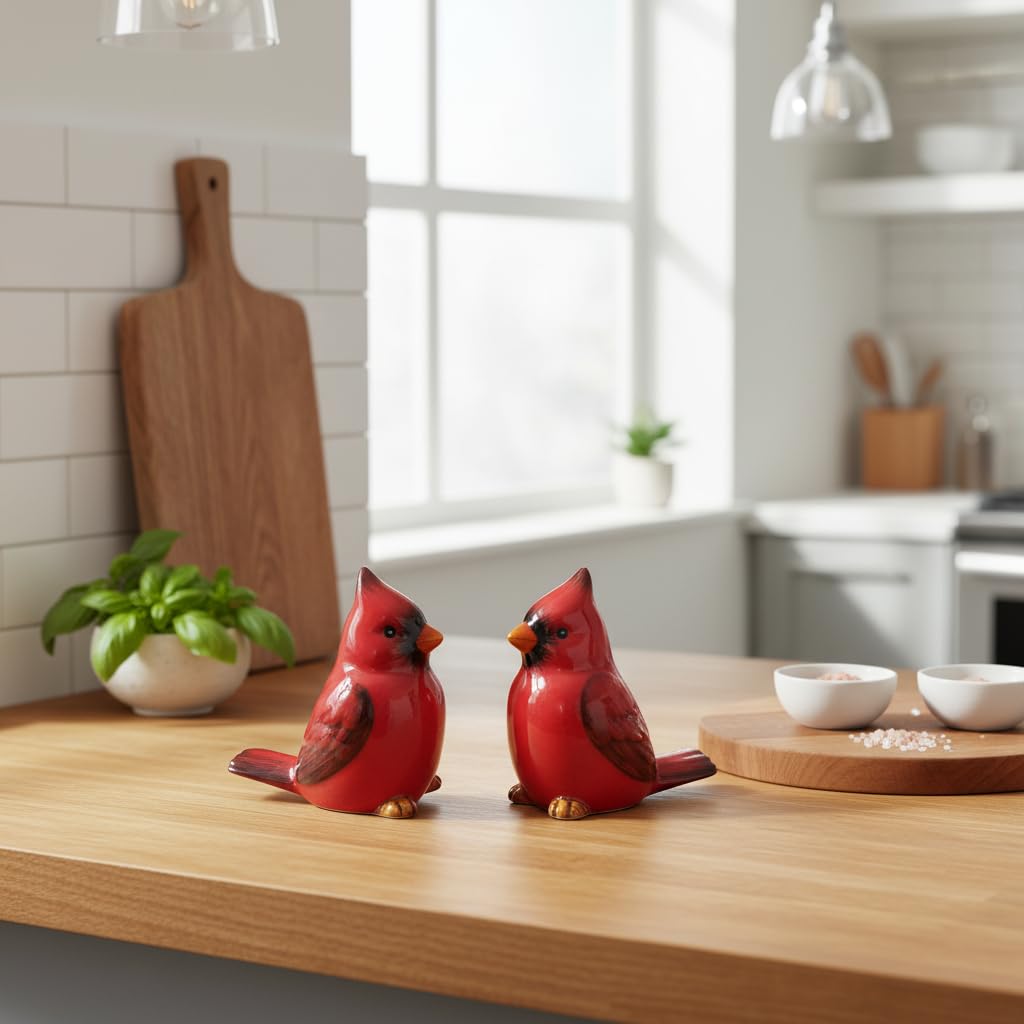 Comfy Hour Farmhouse Home Decor Collection 2.4" Two Red Feather Cardinals Salt and Pepper Bottle Dolomite Figurine, Set of 2, Red