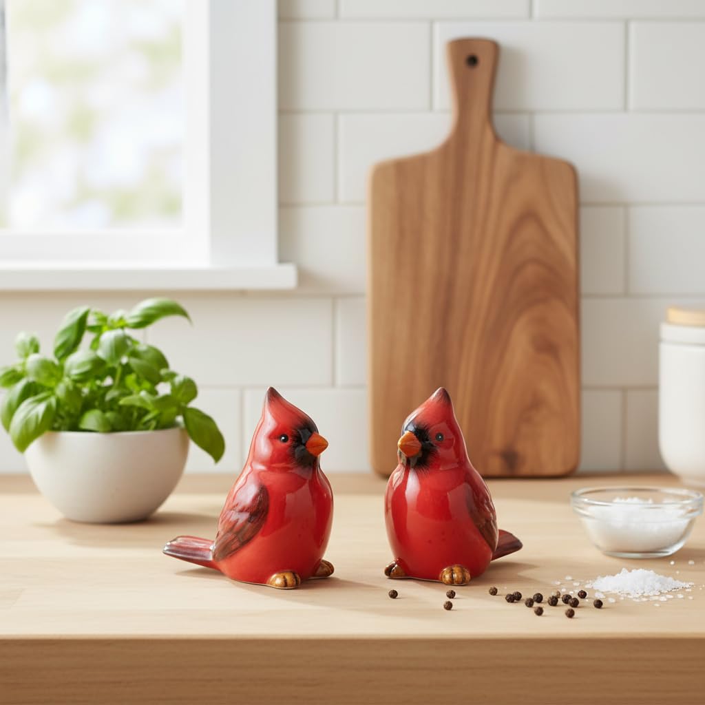 Comfy Hour Farmhouse Home Decor Collection 2.4" Two Red Feather Cardinals Salt and Pepper Bottle Dolomite Figurine, Set of 2, Red