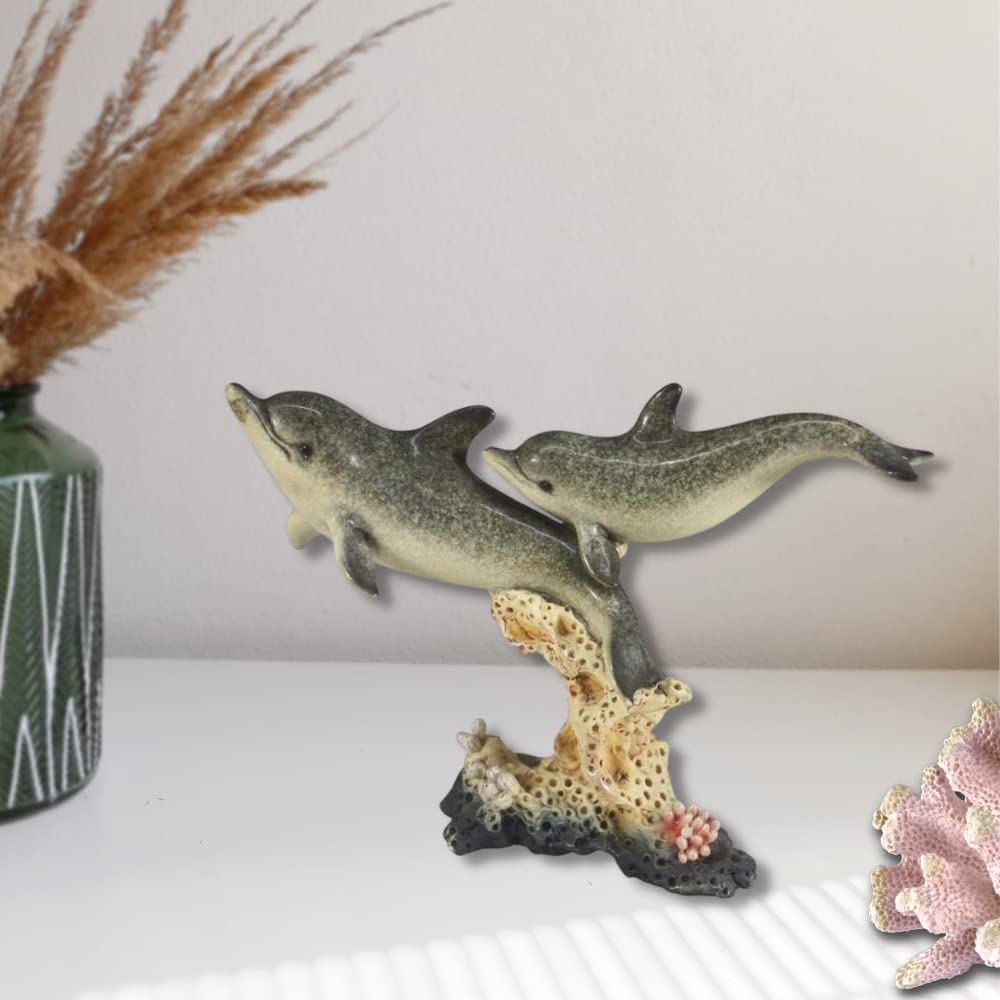 Comfy Hour Under The Sea Collection 7-Inch Two Swimming Dolphins On Coral Pedestal Coastal Ocean Theme Decoration, High Gloss Finish, Polyresin