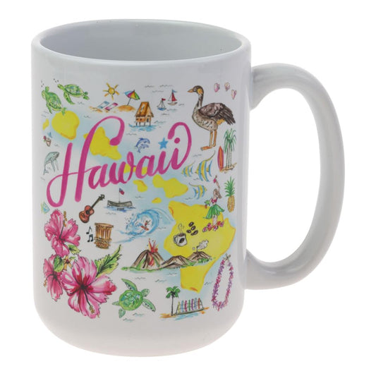 Boston International State of Hawaii Hibiscus Sea Turtle Volcano Pearl Harbor 12 Ounce Glossy Ceramic Classic Coffee Mug Hot Cold Beverage Cup Drinkware, Everyday Kitchen Décor
