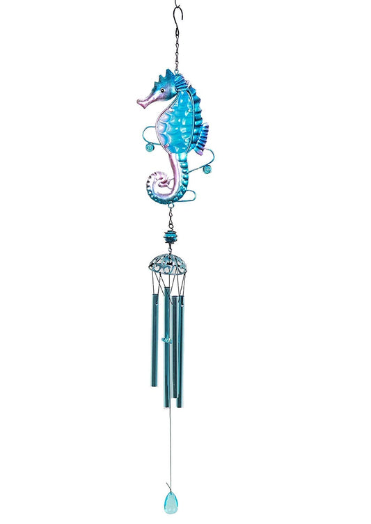 Comfy Hour Farmhouse Home Decor Collection Metal Art 35" Seahorse Ocean Wild Animal Windchime Hanging Windbell Blue