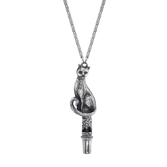 1928 Jewelry Antiqued Pewter Cat Whistle Pendant Necklace, 30"
