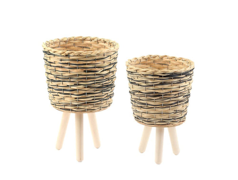 Napco Natural and Black Woven Willow Basket with Liner, Set of 2, Small and Large, Plant Stands