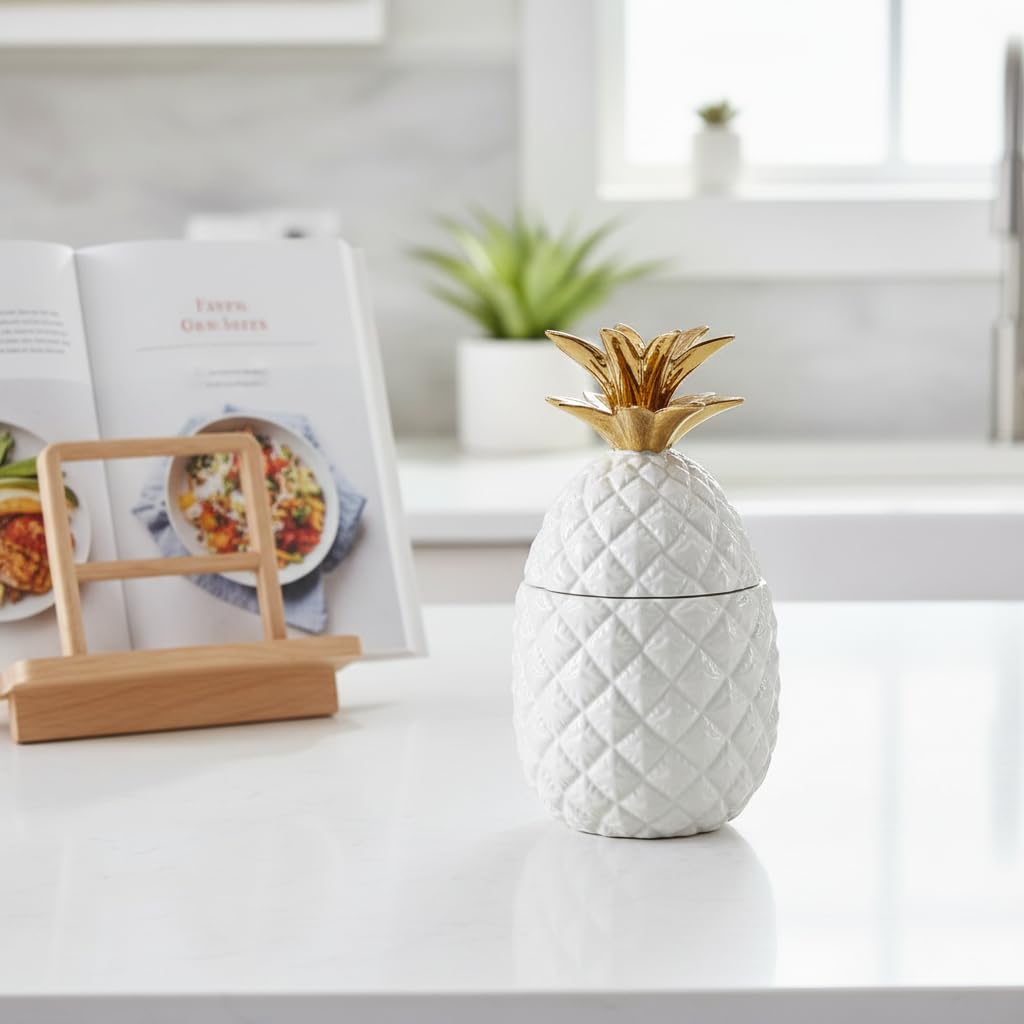 Comfy Hour Farmhouse Home Decor Collection 9" Pineapple Storage Jar Candy Jar Cookie Jar With Lid, High Gloss White and Gold Stoneware