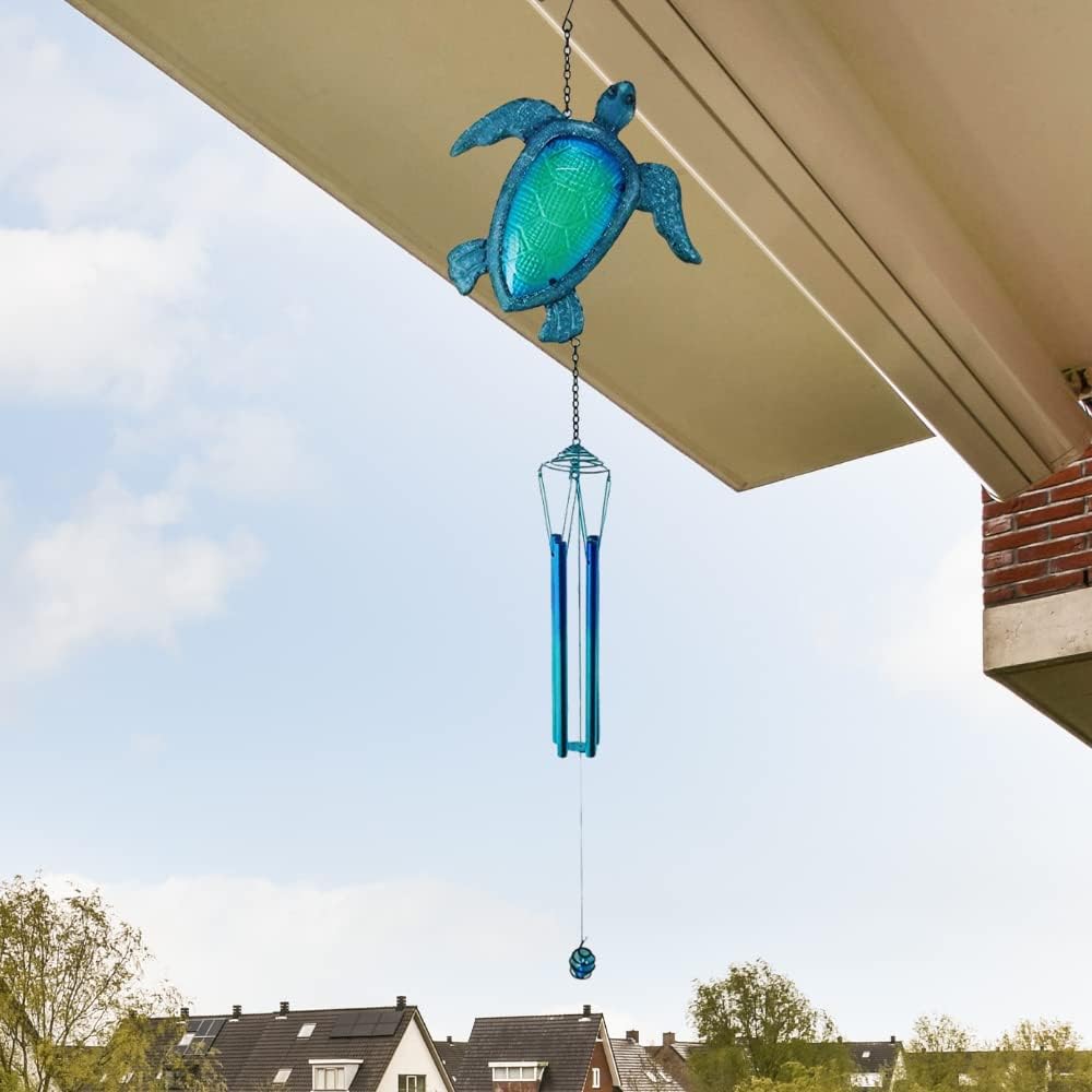 Comfy Hour Farmhouse Home Decor Collection 35" Blue Metal Art Decorative Turtle Windchime Hanging Wind Chime Windbell