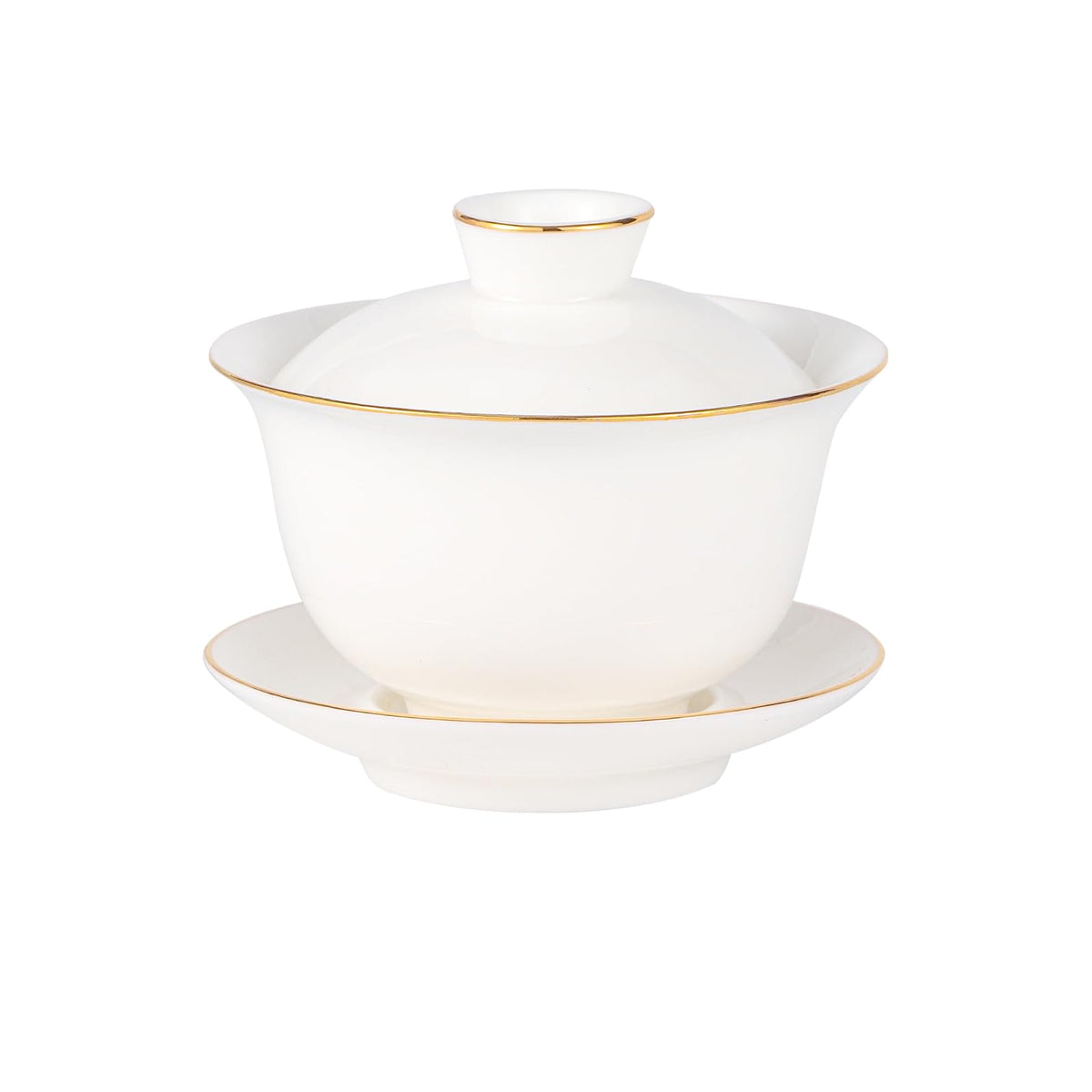 Urban Tokyo Gaiwan Teacup Kung Fu Tea Set Cup and Saucer With Lid 5 fl oz Traditional Porcelain Gongfu Tea — Jade White Gold Trim