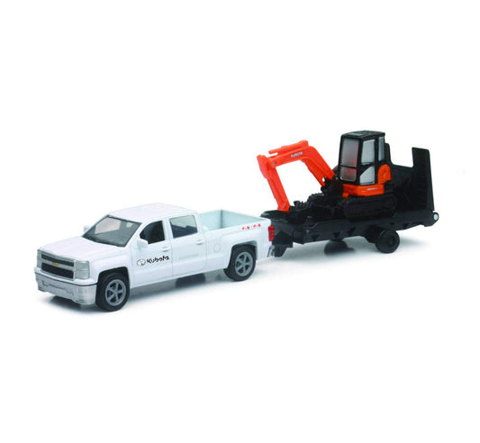 New Ray Toys New 10" NEWRAY KUBOTA Collection - Kubota KX040 Excavator with White Ford F-250 Super Duty Pickup & Trailer (Orange, Black) Model Toys