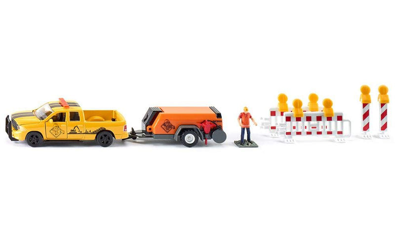 Siku 3505, RAM 1500 Pick-Up with Compressor Trailer, 1:50, Metal/Plastic, Yellow/Orange, Incl. barriers and Toy Figure