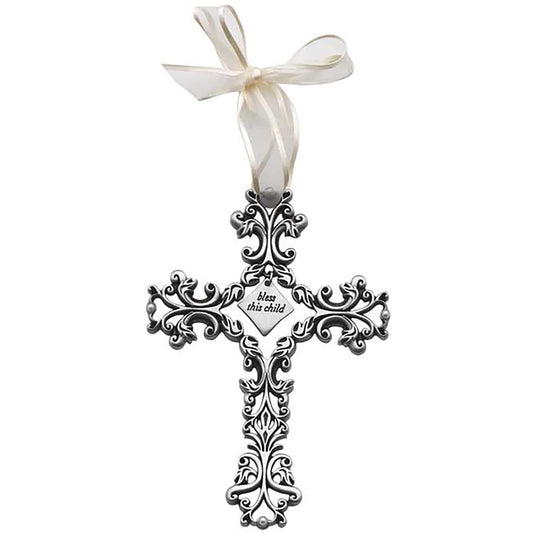 Cathedral Art FC301 Bless This Child White Ribbon Baby Cross, 5-Inch High