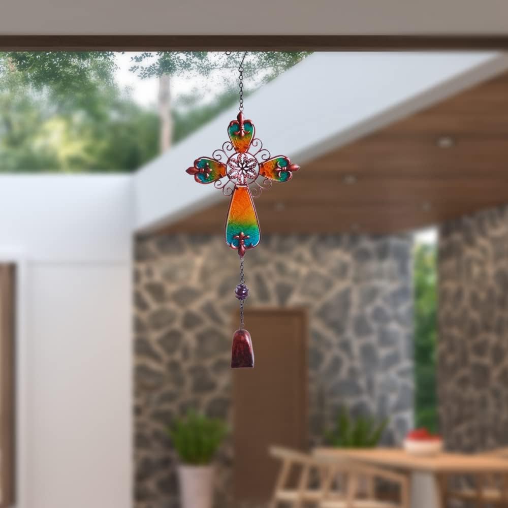 Comfy Hour Farmhouse Home Decor Collection 21" Metal Art Cross Windchime, Multi Color Wind Chime Single Windbell