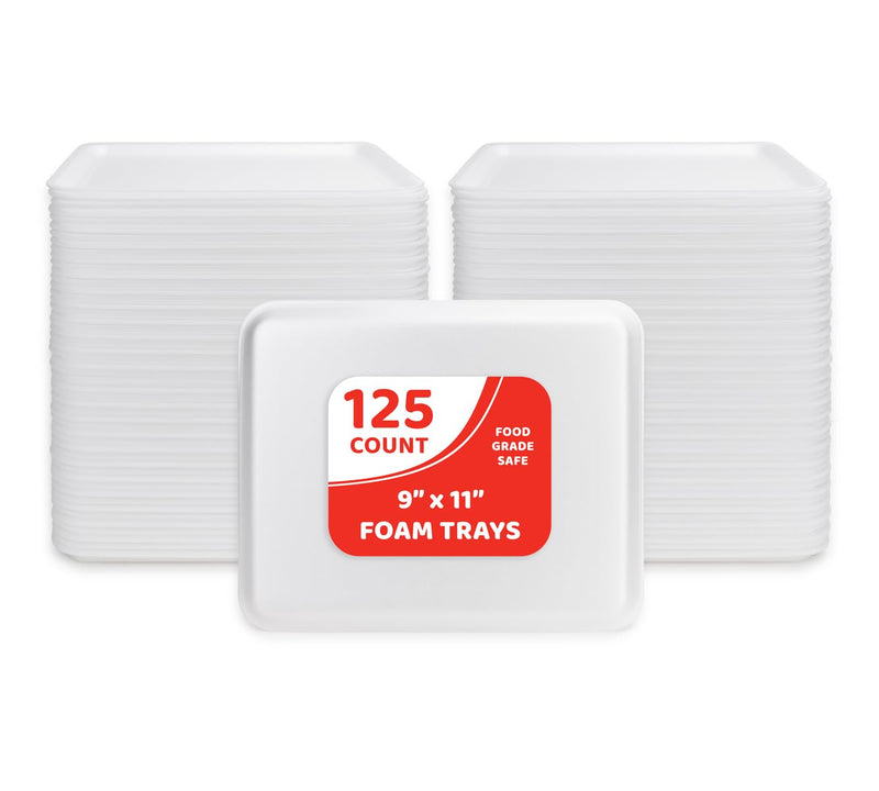 White Foam Meat Trays 9x11-Inch Bulk White Tray for Crafts, Food, Painting, 125-Pack