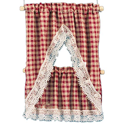 Melody Jane Dollhouse Red Beige Gingham Country Kitchen Curtains &amp; Valance 1:12 Accessory