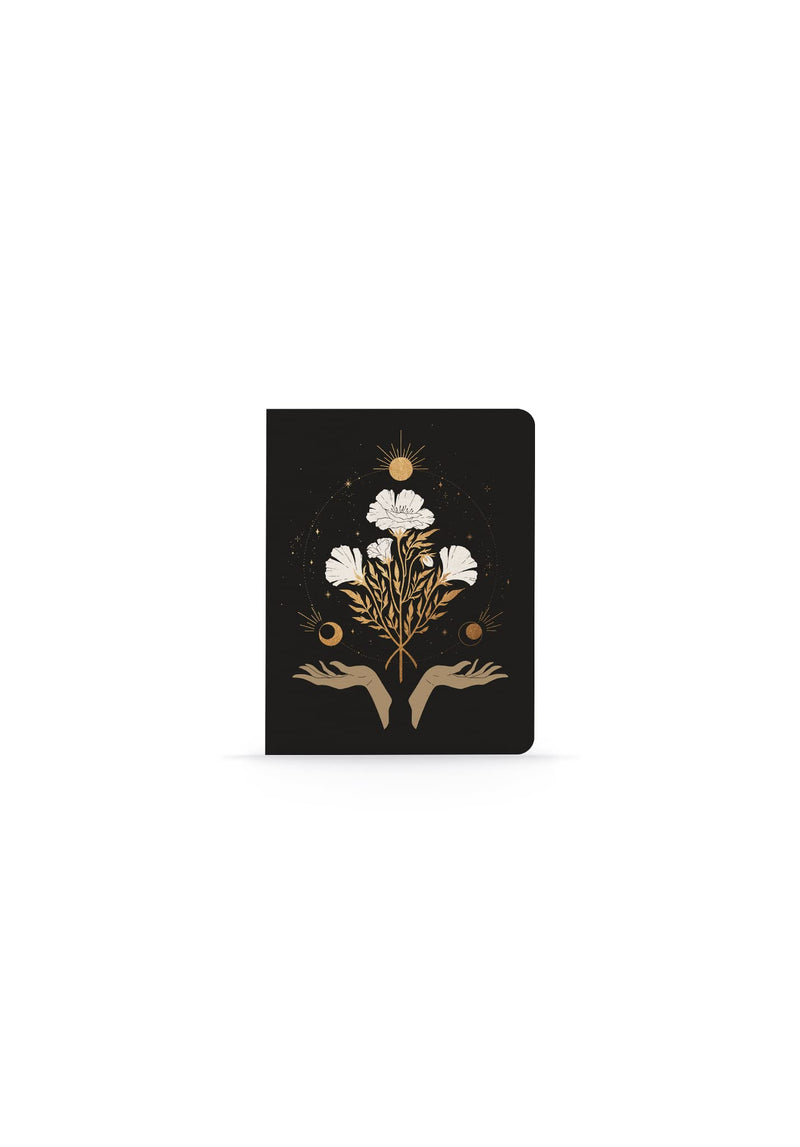 DENIK - Celestial Flowers - 9" x 7" Aesthetic Layflat Notebook - 144 Lined Pages - Durable Binding and Design - Water-Resistent Soft Touch Cover - Made With Recycled Paper