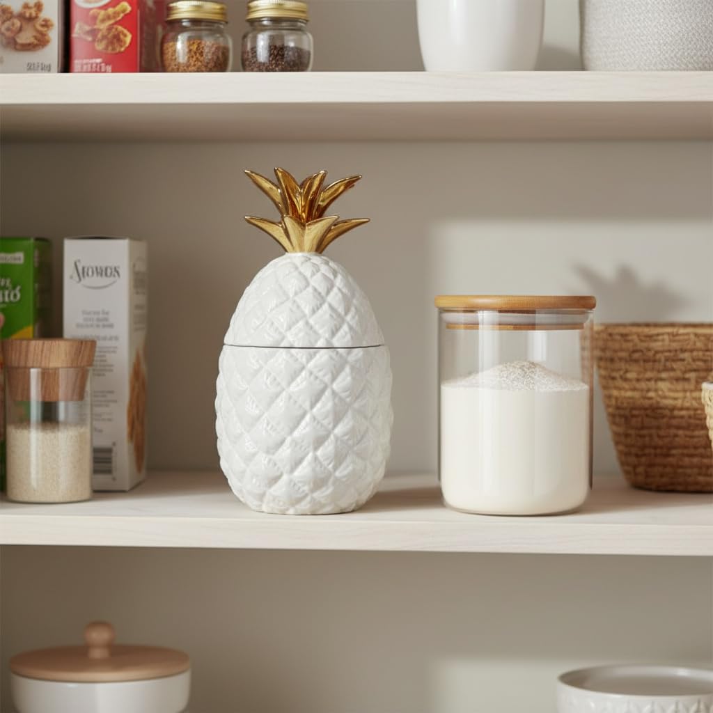 Comfy Hour Farmhouse Home Decor Collection 9" Pineapple Storage Jar Candy Jar Cookie Jar With Lid, High Gloss White and Gold Stoneware