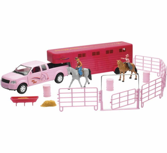 New Ray Toys Valley Ranch Pink Pick Up Truck and Horse Trailer Playset