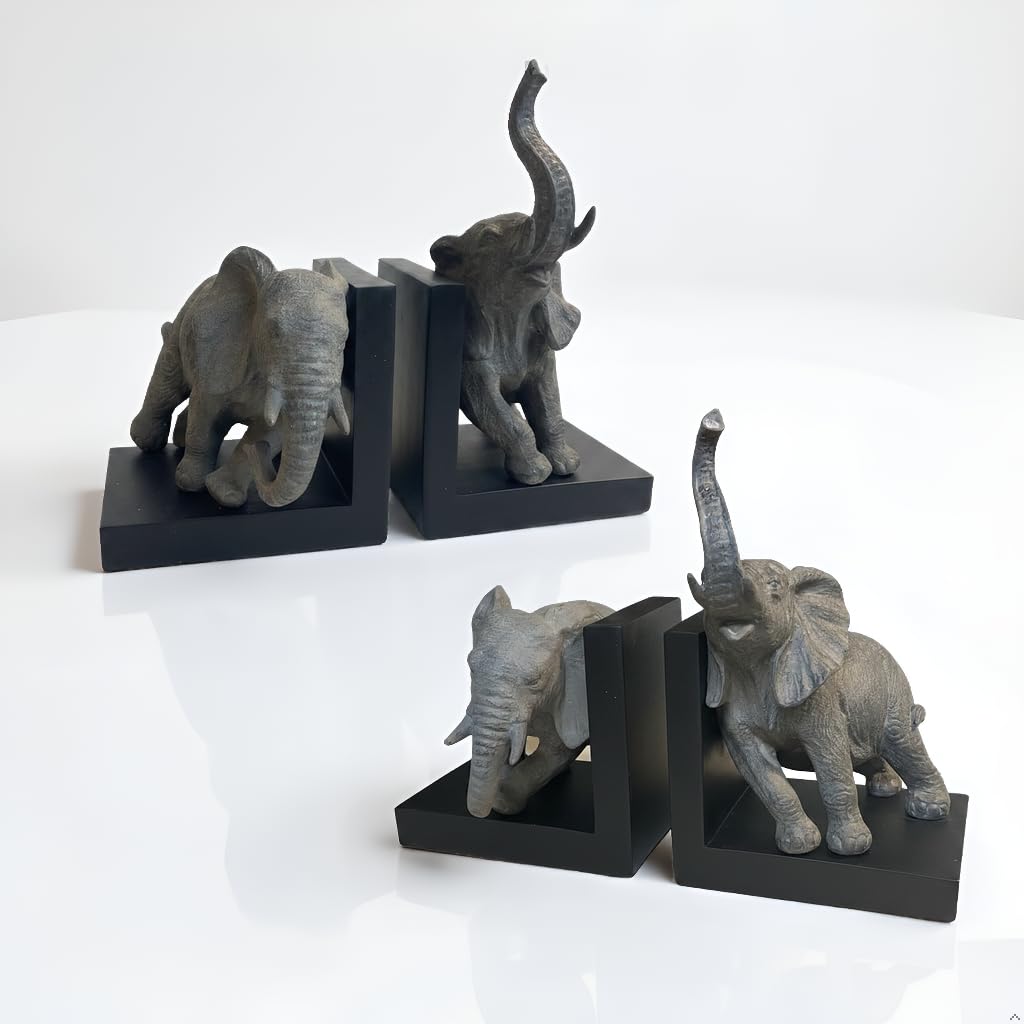 Comfy Hour Our Cute Elephant Friends Collection 12" Length 10" Height Set 2 Elephants Bookends Art Bookend, 1 Pair, Gray and Black, Polyresin