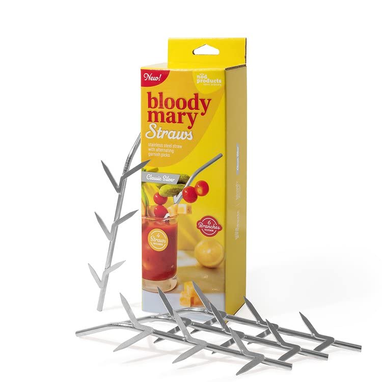 Nod Products Steel Straw and Skewer with Garnish Picks Bloody Mary Straw, 8-inch Length, Set of 4, Silver