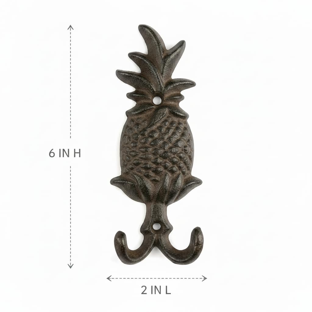 Comfy Hour Antique & Vintage Interior Decor Collection Cast Iron Pineapple Double Key Coat Hooks Clothes Rack Wall Hanger Heavy Duty Recycled Gift Idea