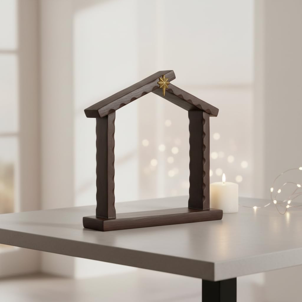 Comfy Hour 9.1 Inch Nativity Stable, Rustic Creche with Star