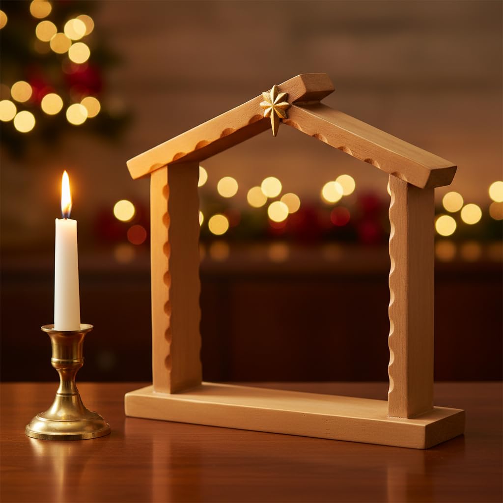 Comfy Hour 9.1 Inch Manger Nativity Stable, Gold Star Creche, 1 Unit