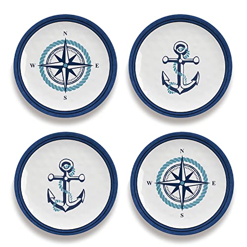 TarHong Nautical Anchor Set of 4 Assorted Appetizer Plates, Pure Melamine, 6.8”