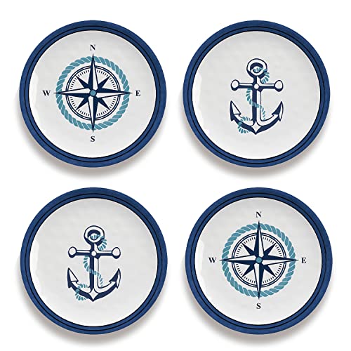 TarHong Nautical Anchor Set of 4 Assorted Appetizer Plates, Pure Melamine, 6.8”