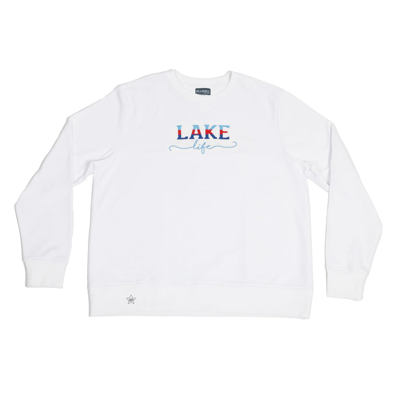 Pavilion - Lake Life - L/XL Unisex Relaxed Fit Long Sleeve Oversized Loungewear Pullover Crewneck French Terry Blend Sweatshirt Apparel Varsity Style Cottage Waterfront Nautical Boating Boat Lake Lover Gift Present