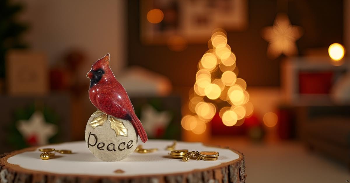 Comfy Hour Winter Holiday Home Collection 6'' Red Cardinal Standing On Peace Stone Pedestal Figurine, High Gloss Bird, Ideal Christmas Decoration, Polyresin