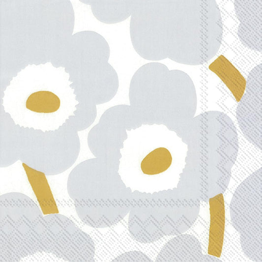 Boston International Marimekko IHR 3-Ply Cocktail Beverage Paper Napkins, 5 x 5-Inches, Unikko White Silver