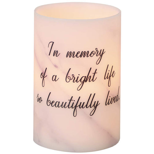 Roman Beautifully Lived Memorial White Marble Tone 4 x 6 Wax LED Flameless Candle