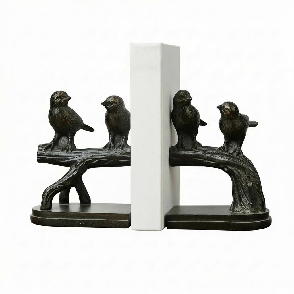 Comfy Hour Farmhouse Home Decor Collection Polyresin Solid Heavy Set of L/R Birds On Branch Art Bookends, 1 Pair