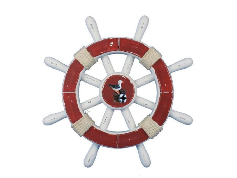 Handcrafted Nautical Decor Rustic Red And White Decorative Ship Wheel With Seagull 12" - Rustic Decorative