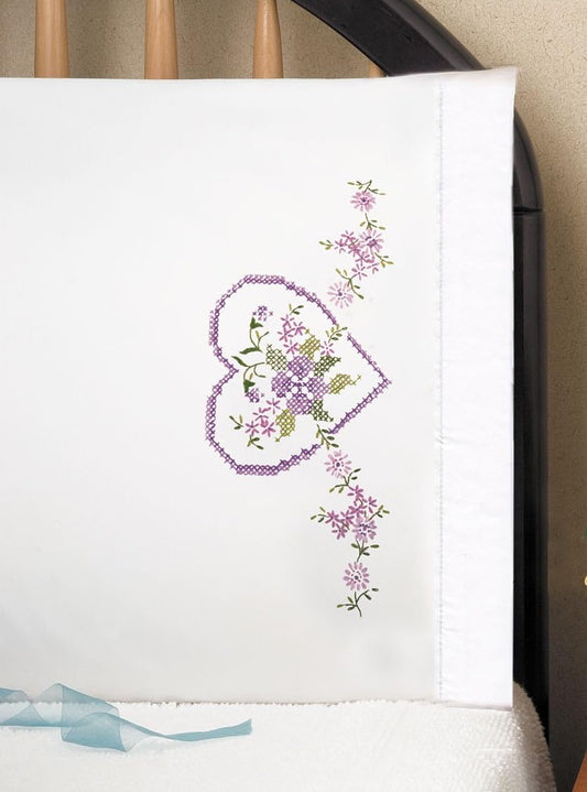 Design Works Crafts Tobin Stamped Pillowcase Pair Stamped Cross Stitch Kit for Embroidery, 20 by 30-Inch, Lilac Heart