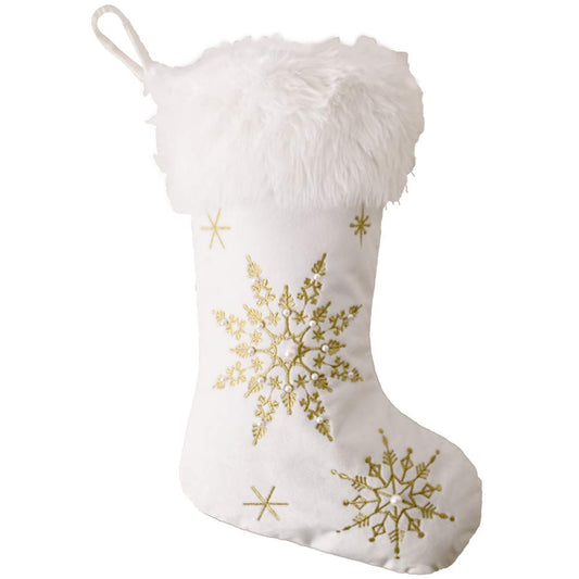 Comfy Hour 18 Inch White and Gold Christmas Stocking, Snowflake Decor