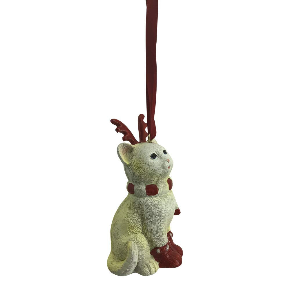 Comfy Hour Winter Holiday Home Collection Cat Wearing Scarf Reindeer Antler Headwear X'Mas Shoes Christmas Tree Ornament, Xmas Decoration, Red and Light Yellow, Polyresin