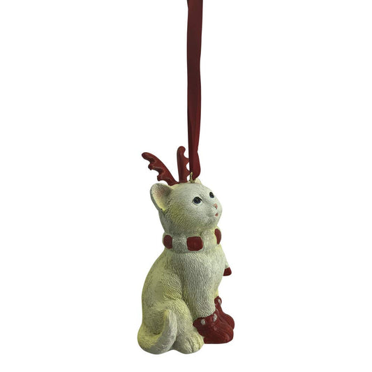 Comfy Hour Winter Holiday Home Collection Cat Wearing Scarf Reindeer Antler Headwear X'Mas Shoes Christmas Tree Ornament, Xmas Decoration, Red and Light Yellow, Polyresin
