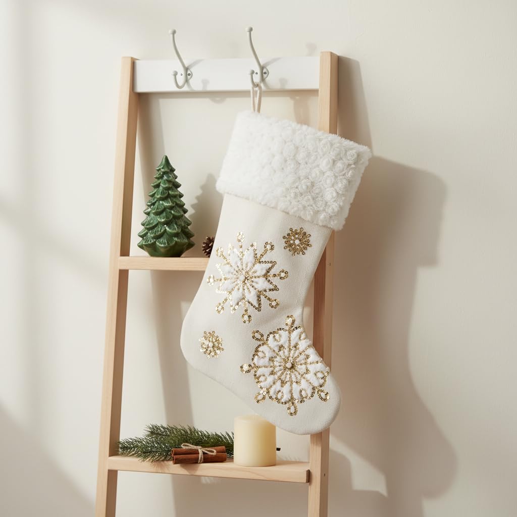 Comfy Hour 18 Inch Christmas Stocking, Gold Snowflake Decor