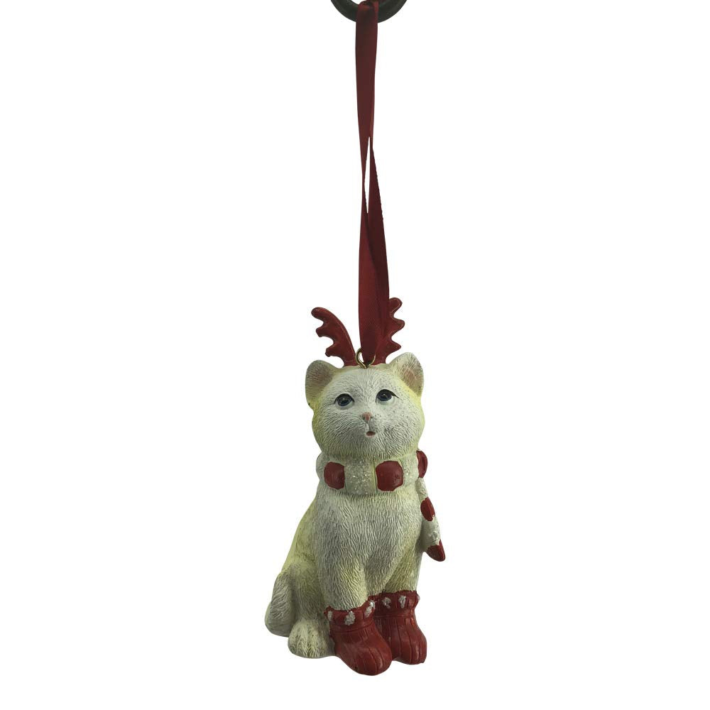 Comfy Hour Winter Holiday Home Collection Cat Wearing Scarf Reindeer Antler Headwear X'Mas Shoes Christmas Tree Ornament, Xmas Decoration, Red and Light Yellow, Polyresin