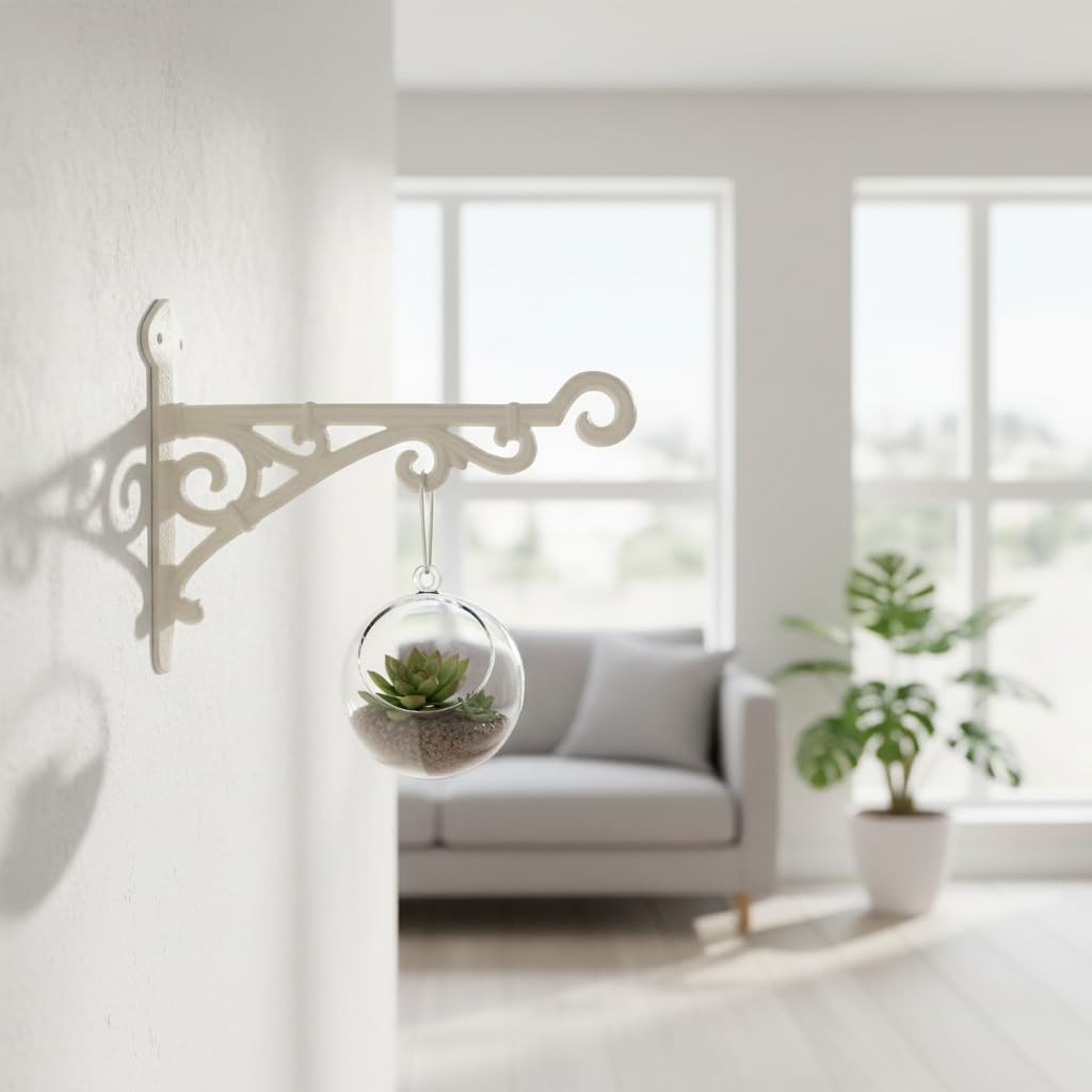 Comfy Hour Antique & Vintage Interior Decor Collection Cast Iron Wall Mount Bracket Hangers for Planter, Bird Feeder, Birdhouse, Lanterns, Windchimes, Hooks, Outdoor Decor- Primitive, White