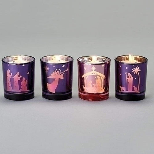 Roman Nativity Scene Purple and Pink Advent Votive Candle Holders, 3 1/4 Inch, 4 Piece Set