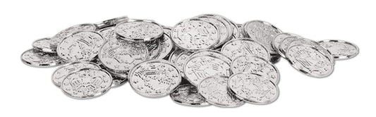 Beistle 100 Piece Silver Embossed Plastic Coins for Western Casino and Pirate Theme Treasure Chest Party Favors, 1.5"